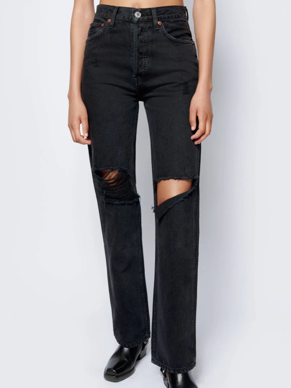 Re/Done Black High-Rise Distressed Straight Jeans